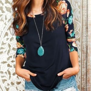 Blouse Top Blue Navy Floral Sleeves